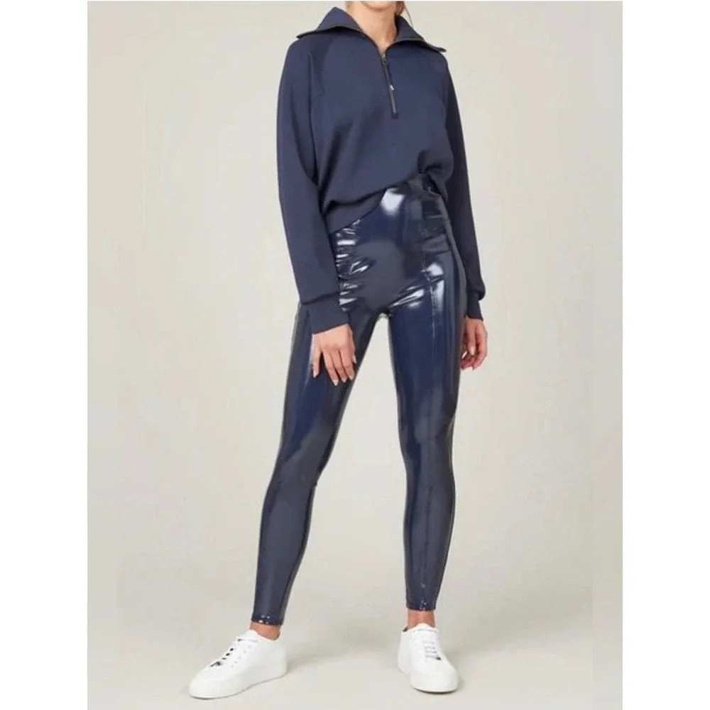 Spanx Faux Patent Leather Leggings High Waisted Port Navy Liquid Shine Medium